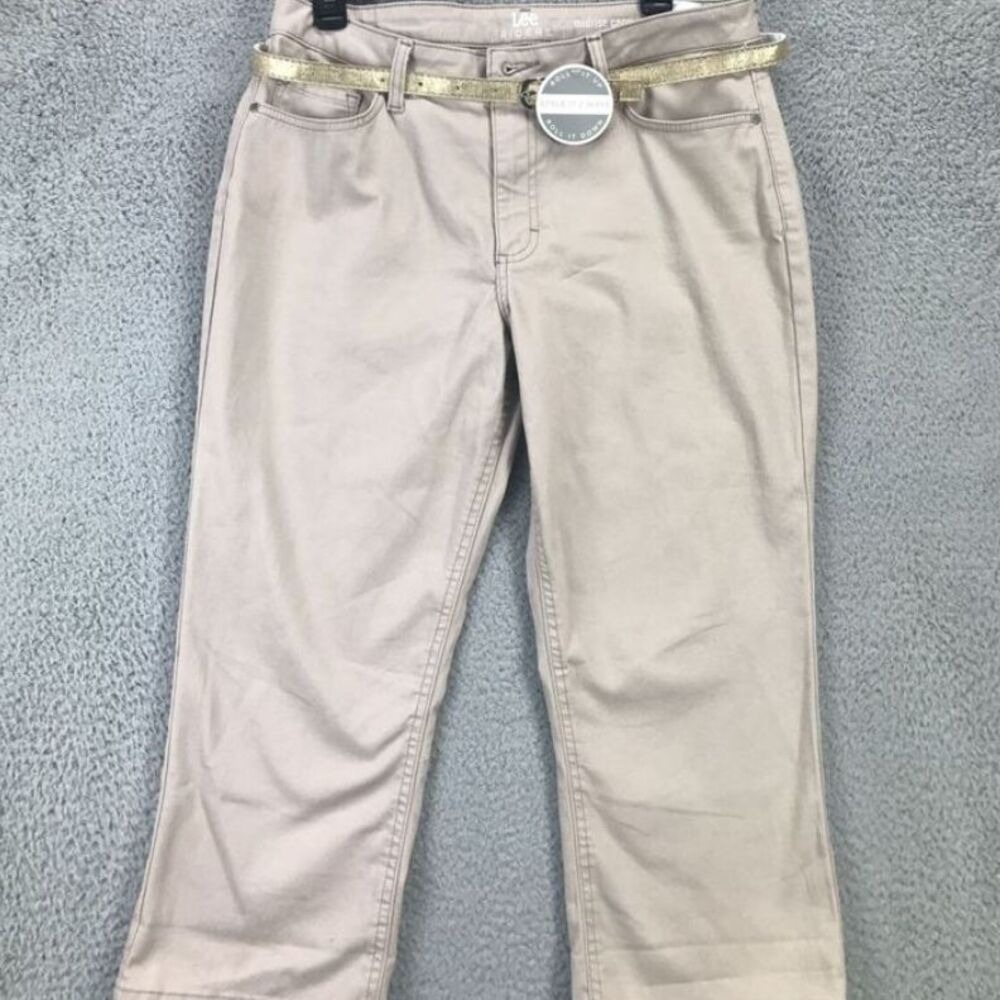 Lee Riders Capri Pants Womens 12M Tan Mid Rise Belted Outdoors Ladies Slacks NEW